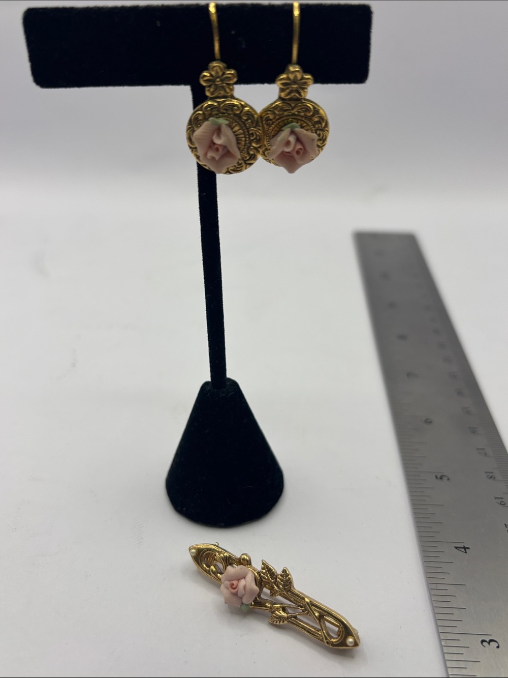 1928 Gold-Tone Earrings and Brooch with Pink Rose Accents